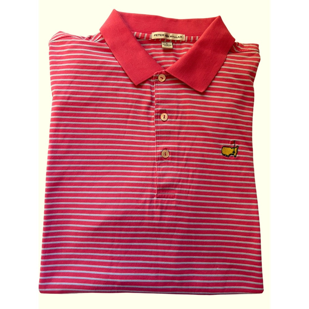 Peter Millar Masters Golf Polo Shirt Large Pink Gray Striped Cotton Augusta